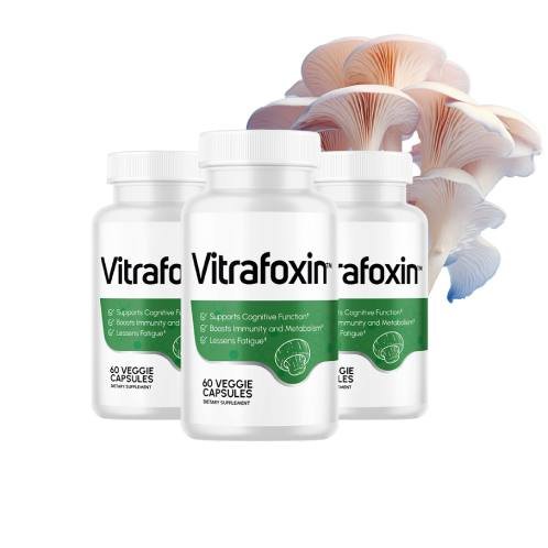 Vitrafoxin brain support supplement bottle with natural mushroom-based formula